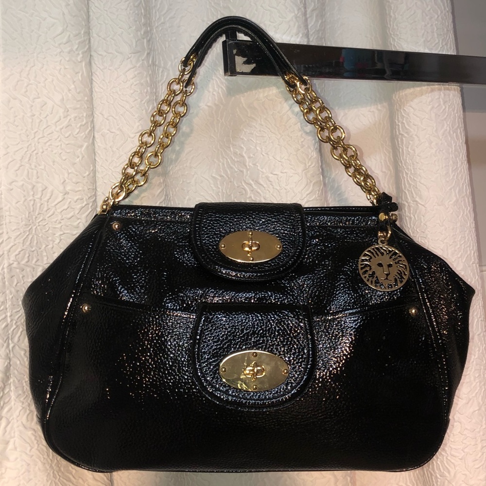 Anne Klein Black Patent Leather Shoulder Bag with Gold Hardware